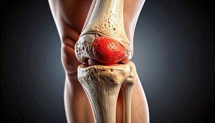 Cross-sectional anatomical image of damaged knee cartilage, with intra-articular inflammation highlighted in red