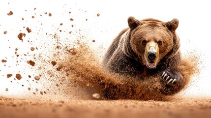 Obraz premium Powerful brown bear running through dirt with dust flying up in a dynamic wildlife action scene in a natural setting du daytime