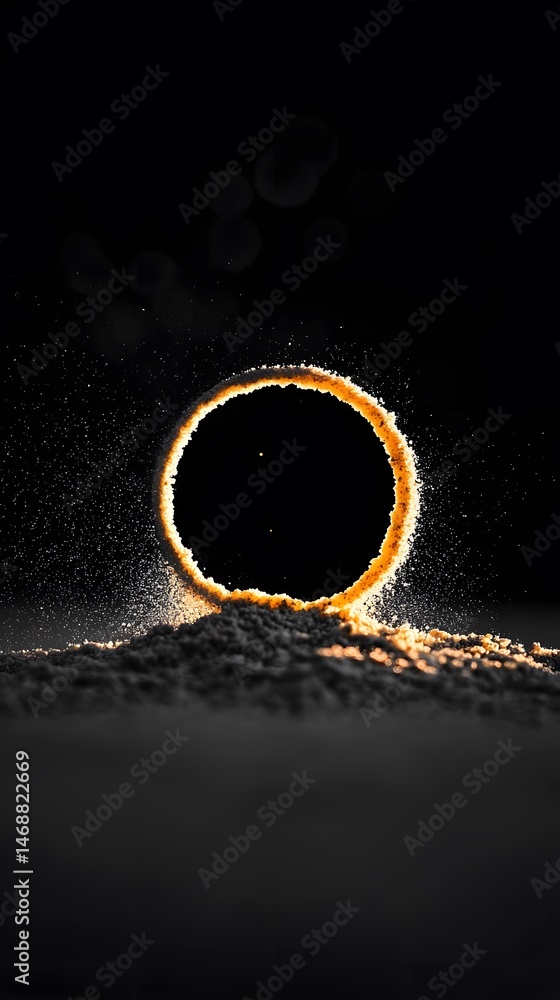 Poster glowing orange particle arc forming soft bridge on dark background