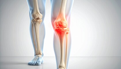 Cross-sectional anatomical image of damaged knee cartilage, with intra-articular inflammation highlighted in red