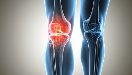 Cross-sectional anatomical image of damaged knee cartilage, with intra-articular inflammation highlighted in red