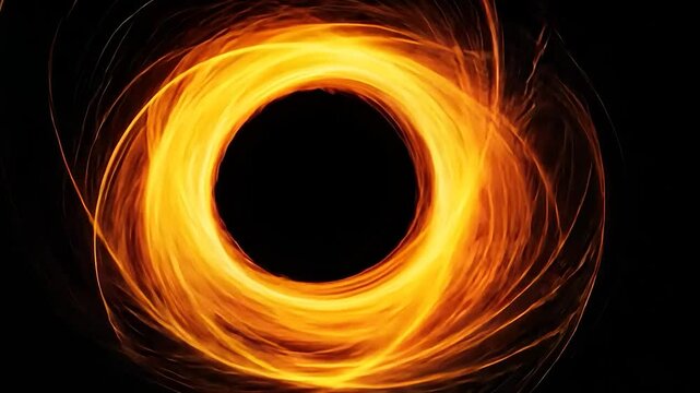 Abstract swirling ring of orange flame against black background.  A dynamic, circular pattern of glowing lines creating a fiery vortex effect