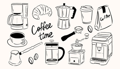 Hand draw line art coffee elements illustration.
