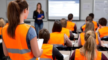 Construction workers attending meeting listening to female supervisor