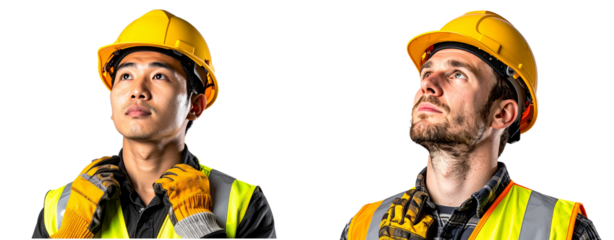 Male Construction Worker in Safety Gear Looking Up, Isolated PNG