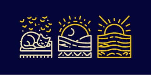 Obraz premium Cozy Monoline Icons of Cat, Sun, and Silhouette Landscape Design