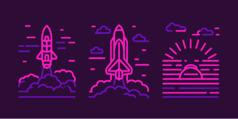 Vibrant Monoline Icons of Rockets, Space, and Sunsets in Flat Design