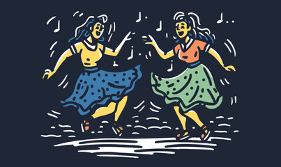 Fototapeta premium Colorful Hand-Drawn Doodle of Two Women Dancing Joyfully
