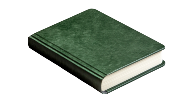 Png of A green hardcover book resting on a plain surface, exuding a sense of knowledge and tranquility.