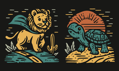 Colorful Hand-Drawing of Doodle Lion and Turtle Against Backdrop