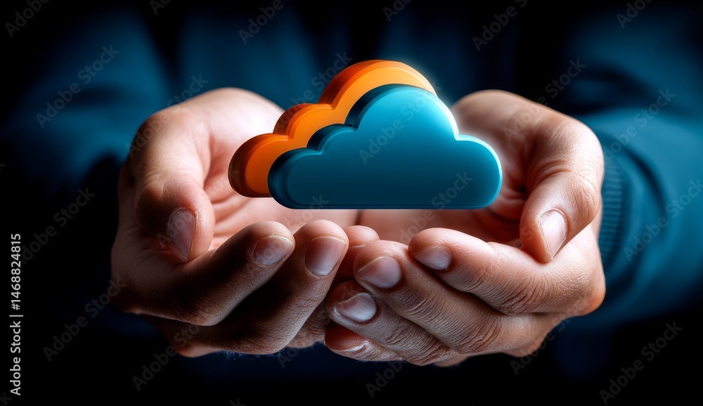 Poster man holding cloud technology icon with data flow in close-up shot