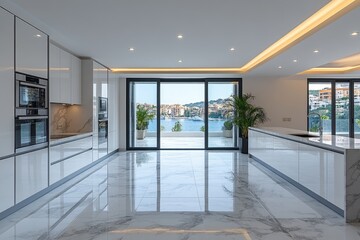 Luxurious open-plan kitchen with panoramic harbor view.