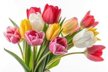 Fototapeta premium Colorful Bouquet of Dutch Tulips on a White Background Generative AI