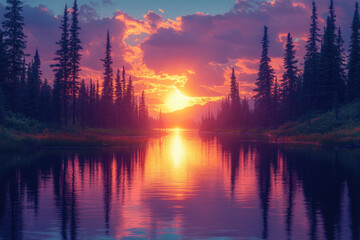 Panoramic Sunset Over Serene Lakes and Canadian Pines