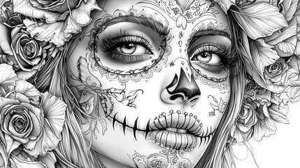 Artistic representation of a woman featuring traditional sugar skull designs.