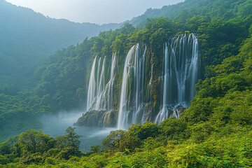 Fototapeta premium Captivating Scene of Waterfall and Forest in Perfect Weather Conditions