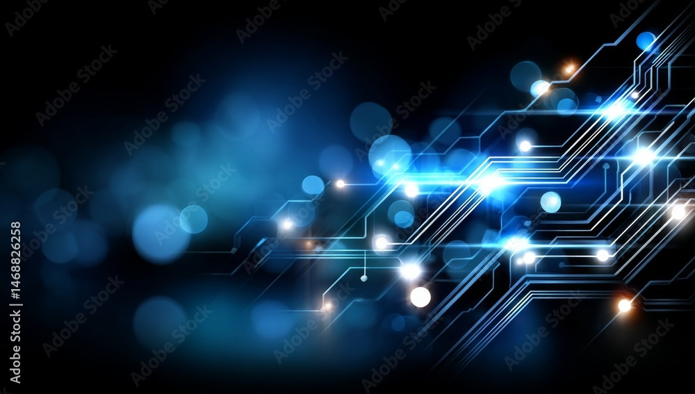 Poster digital technology background with glowing circuit board and data flow