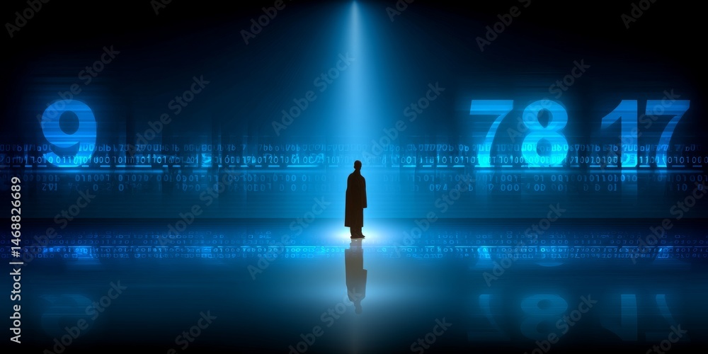 Poster human silhouette in digital landscape with floating code and numbers, blue tech background symbolizi