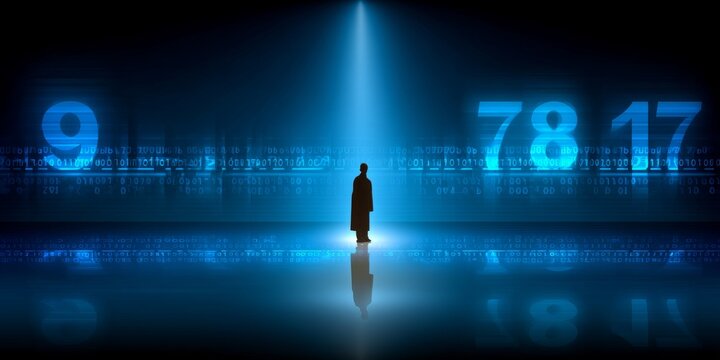 Human silhouette in digital landscape with floating code and numbers, blue tech background symbolizing AI-powered personalized marketing content creation
