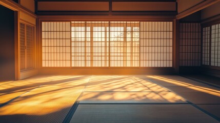 Japanese room, sunlight, tatami mats, zen, tranquility, interior, morning light, peaceful