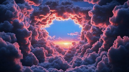 Beautiful vibrant sunset seen through a circular opening in colorful fluffy cloud formations, dramatic sky with warm glowing horizon at dusk