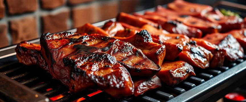 Succulent grilled Argentine asado featuring various cuts of meat on a parrilla, vacio, matambre