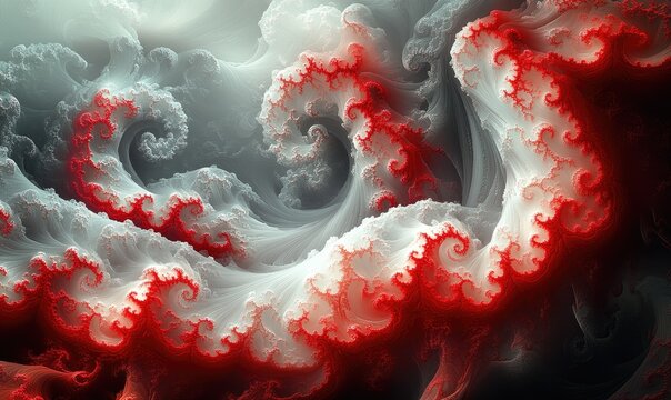 Abstract swirling fractal cloud formations,  red and white