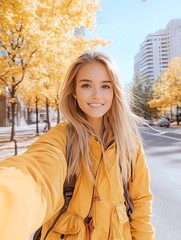 A young woman with blonde hair smiles for a selfie while wearing a yellow jacket and standing on a city street lined with trees with golden leaves