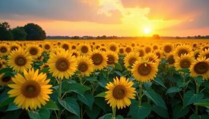 Obraz premium Vast sunflower field at sunset, golden hour light, vibrant yellow blooms , light, wildflower