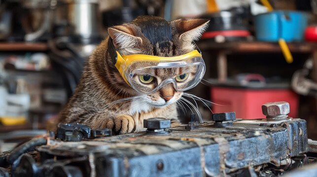 Safety first: Cat examines a car battery while wearing goggles. 