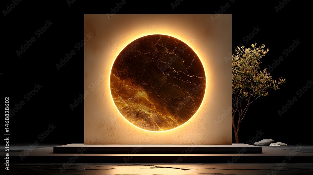 Poster golden circle illuminated display on dark background