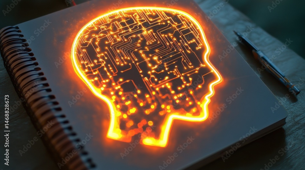 Poster side view and close up of notebook with glowing circuit head outline. ai and machine learning concep