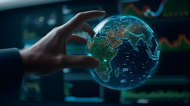 Hand Holding Holographic Earth Globe Over Business Screens