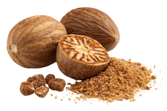 Whole nutmeg, grated nutmeg, and ground nutmeg on white background