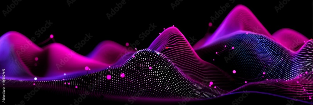 Poster abstract digital background with glowing blue and purple dots on wave pattern