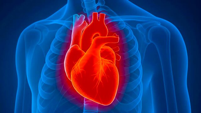 3D rendering of the human heart pumping anatomy in X-ray examination for heart attack diagnosis within the concept of medical health.