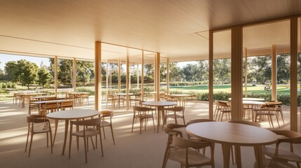 Fototapeta premium Open-air dining pavilion with a light-filled interior.