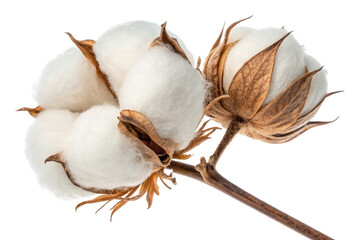 Beautiful Cotton Plant with White Fluffy Bolls on Isolated Background