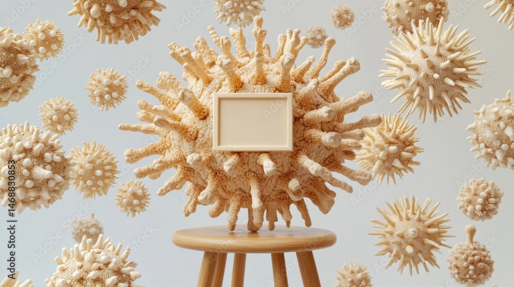 Poster beige virus model with empty frame on a stool.