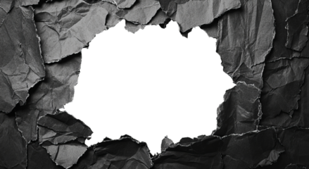 Png of A dramatic tear in crumpled black paper reveals a dark void behind, adding depth and intrigue to the composition.
