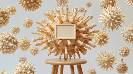 Beige virus model with empty frame on a stool.