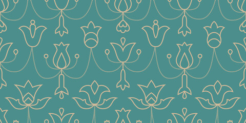Abstract line flowers, bell, tulips seamless pattern. Gold linear luxury vector design