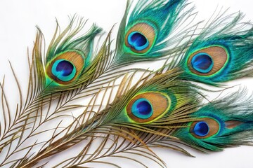 Obraz premium Colorful Peacock Feathers Arranged Beautifully on a Background Generative AI