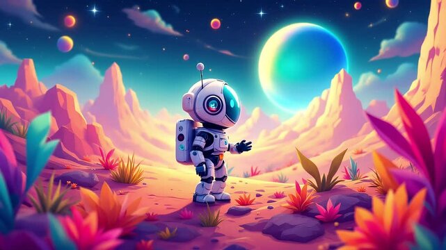 Robot Exploring Alien Landscape in Dreamy Space Scene