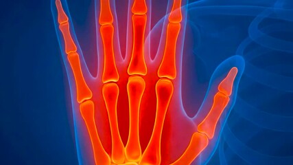 3D rendering of the human hand skeleton anatomy in X-ray examination for joint pain diagnosis, concept of medical health.