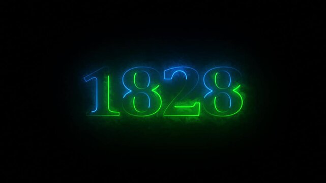 1828 neon line text. Abstract 1828 neon text animation ,For neon color Glowing neon number text background 4k video animation . 1828 title metal text on black alpha channel background.