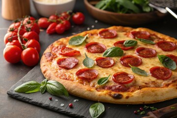 Delicious Pepperoni Pizza Topped With Basil and Cherry Tomatoes Generative AI