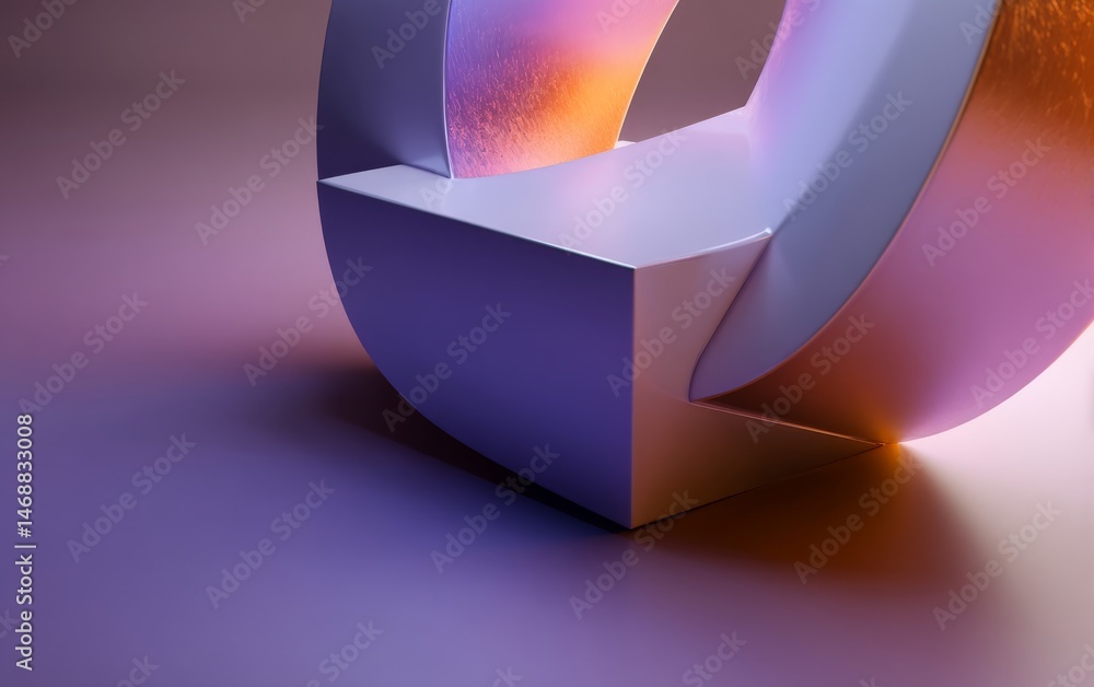 Poster abstract floating 3d shape with rounded edges, purple-pink-orange gradient and soft lighting, futuri