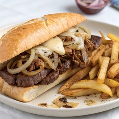 A white plate features a pulled pork sandwich with tender pork and lettuce, accompanied by golden fried potato fries, making for a satisfying meal or dinner
