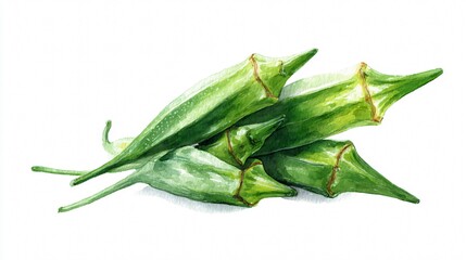 Watercolor Okra Pods Illustration | Fresh Green Okra Clipart | Botanical Okra Art &ndash; White Background

